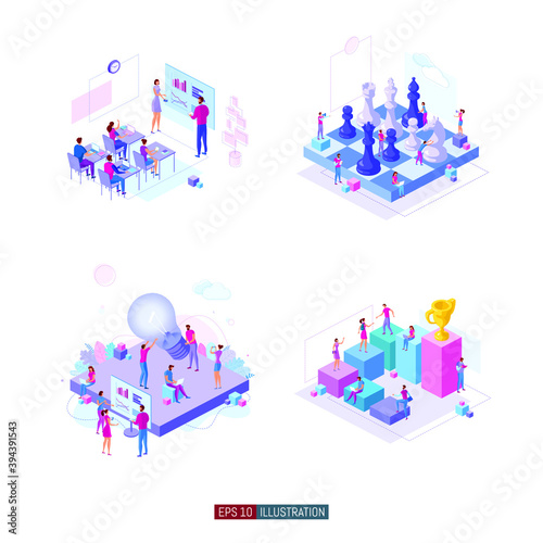 Trendy flat illustration set. Teamwork metaphor concept. Office workers planing business mechanism, analyze business strategy and exchange ideas. Template for design works. Vector graphics.
