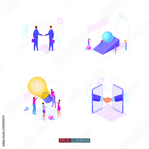 Trendy flat illustration set. Teamwork metaphor concept. Office workers planing business mechanism, analyze business strategy and exchange ideas. Template for design works. Vector graphics.