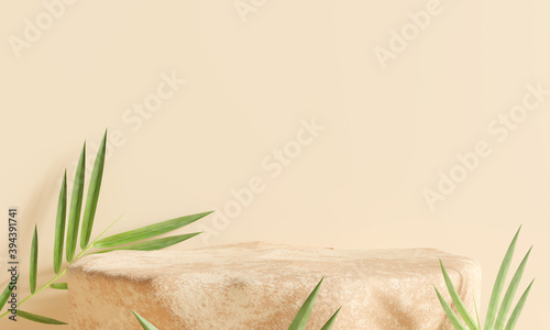 Stone display podium with nature leaves on brown background. 3D rendering
