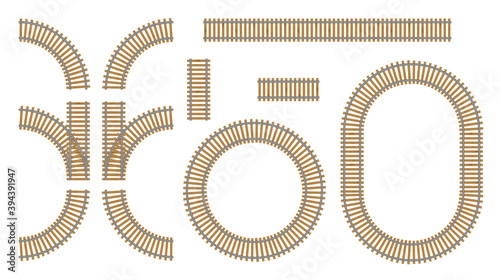 Set of train railway road constructor. Connectable rails elements. Top View Position. Stock vector illustration elements of railway road on white isolated background. 