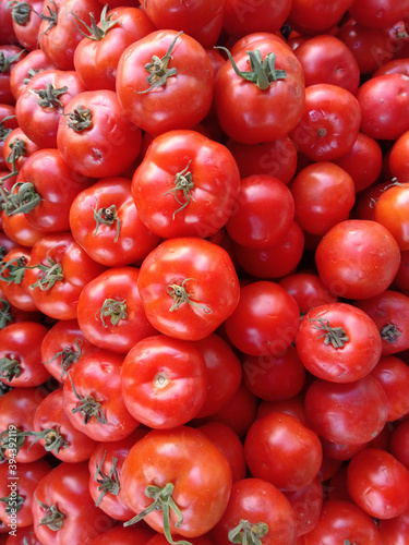 Fresh red organic tomatoes on grocery shelf.
