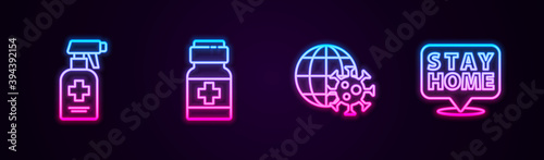 Set line Liquid antibacterial soap, Medicine bottle and pills, Earth globe with virus and Stay home. Glowing neon icon. Vector.