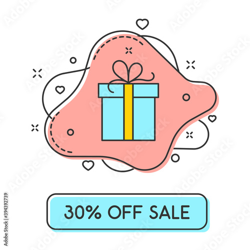 discount label 30 percents in trendy color flat style vector illustration. Color vector label with blue gift and pink fluid bubble shape for black friday and other discounts and promo actions