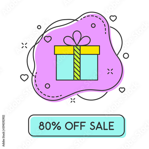 discount label 80 percents in trendy color flat style vector illustration. Color vector label with blue gift and purple fluid bubble shape for black friday and other discounts and promo actions