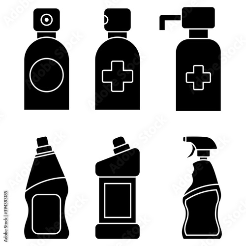 Household chemical bottles. Liquid detergent or soap, stain remover, bathroom or toilet cleaner. Sanitizer spray. Disinfectant Container with pump dispenser. Hand sanitizer containers