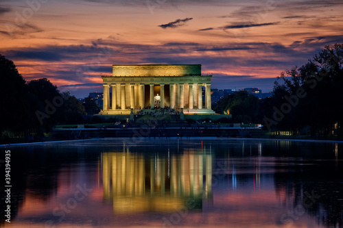 Evening Panorama of the Lincoln Memorial with the reflecting pool and dramatic clouds and light. photo