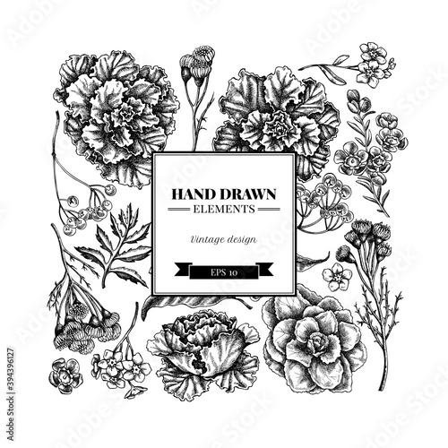 Square floral design with black and white wax flower, forget me not flower, tansy, ardisia, brassica, decorative cabbage