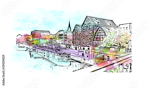 Building view with landmark of Bydgoszcz is a city in northern Poland. Watercolour splash with hand drawn sketch illustration in vector.