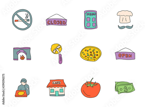 pizzeria doodles isolated on white. pizzeria icon set for web design, user interface, mobile apps and print
