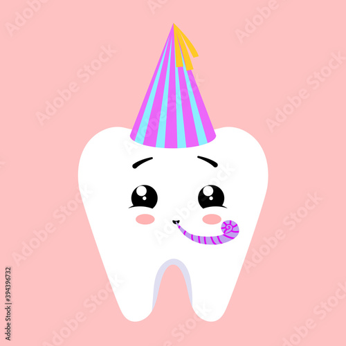 Cute kawaii cartoon tooth with party hat and pipe. Vector illustration