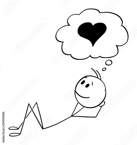 Vector cartoon stick figure illustration of romantic man lying on ground ant thinking or dreaming about love, heart symbol in balloon or bubble. Valentine concept.