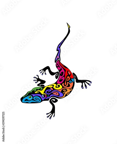 Black vintage gecko tattoo with colorful ethno print isolated on white background