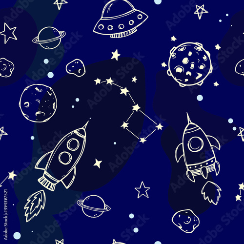 seamless pattern on a space theme. Rockets, planets, stars, constellations, ufo, moon. dark background.
