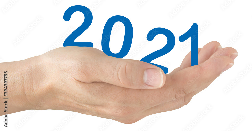 Male hand and 2021 isolated against white background Male hand and 2021 isolated against white background