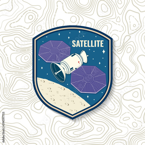 Satellite logo, badge, patch. Vector. Concept for shirt, print, stamp, overlay or template. Vintage typography design with space satellite dishes and mars silhouette.