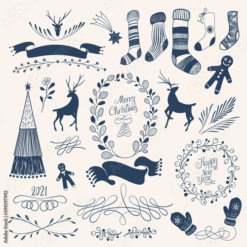 Cute Christmas Illustrations and Ornamental Vignette Vector Set in Scandinavian Style © osadiemus