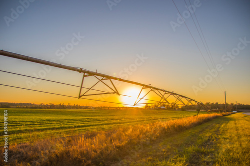 An irrigation system on farm land in rural south Georgia during the Fall