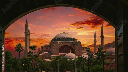 4K UHD Cinemagraph / seamless video time-lapse loop of the UNESCO heritage site Hagia Sophia, famous for its architecture from Roman times, now converted back to a mosque during a golden sunset. photo