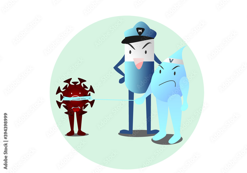 Cartoon character Coronavirus Concept, Capsule and vaccine Can catch virus. The invention of drugs and vaccines for preventing viruses was achieved. Vector and illustration.