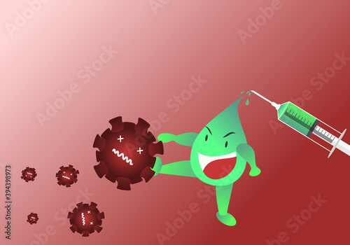 Corona virus cartoon character concept.The vaccine comes out of a syringe, fights the virus and kills many viruses.The invention of drugs and vaccines for preventing viruses was achieved.