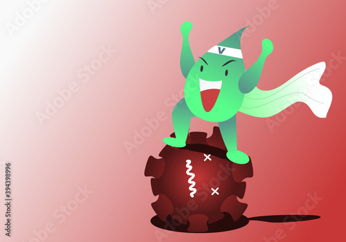Corona virus cartoon character concept.The vaccine hero fights the virus and kill virus.The invention of drugs and vaccines for preventing viruses was achieved.