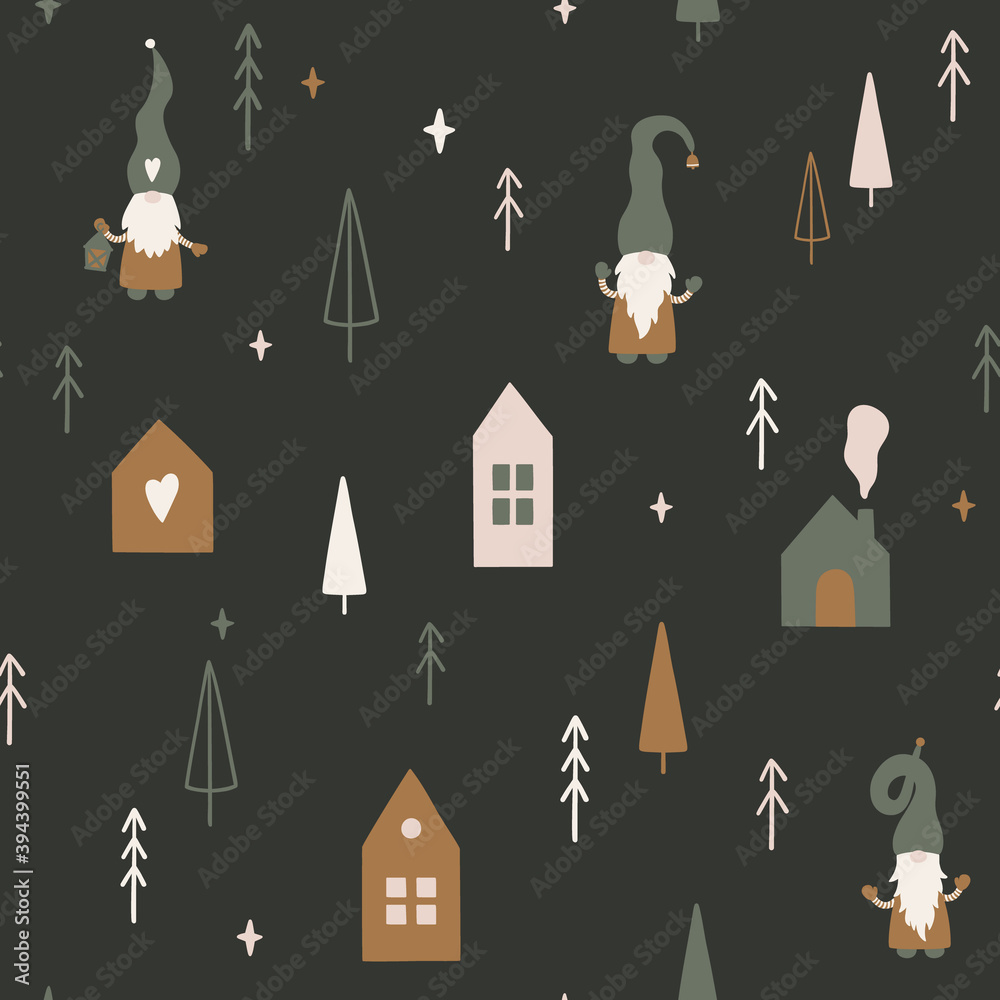 Christmas time seamless pattern in scandinavian style. Cute scandinavian houses and Tomte gnomes. Vector illustration for winter season.