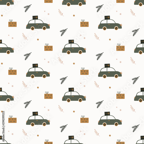 Hand drawn seamless pattern with car, gift boxes and fir branches. Winter wallpaper in Scandinavian style. Christmas time vector illustration.