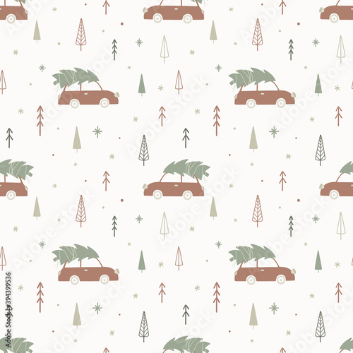 Christmas seamless pattern with car and fir tree. Winter wallpaper in Scandinavian style. Vector illustration.