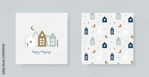 Set of hand Christmas greeting card and winter pattern in scandinavian style. Cute scandinavian houses and Christmas tree . Vector illustration for winter season.