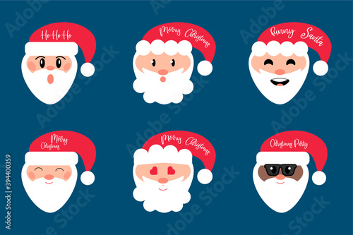 Christmas. Set Cute Santa  and text Merry Christmas , funny Santa, Ho-Ho-Ho Ho! Vector illustration on isolated blue background. Flat