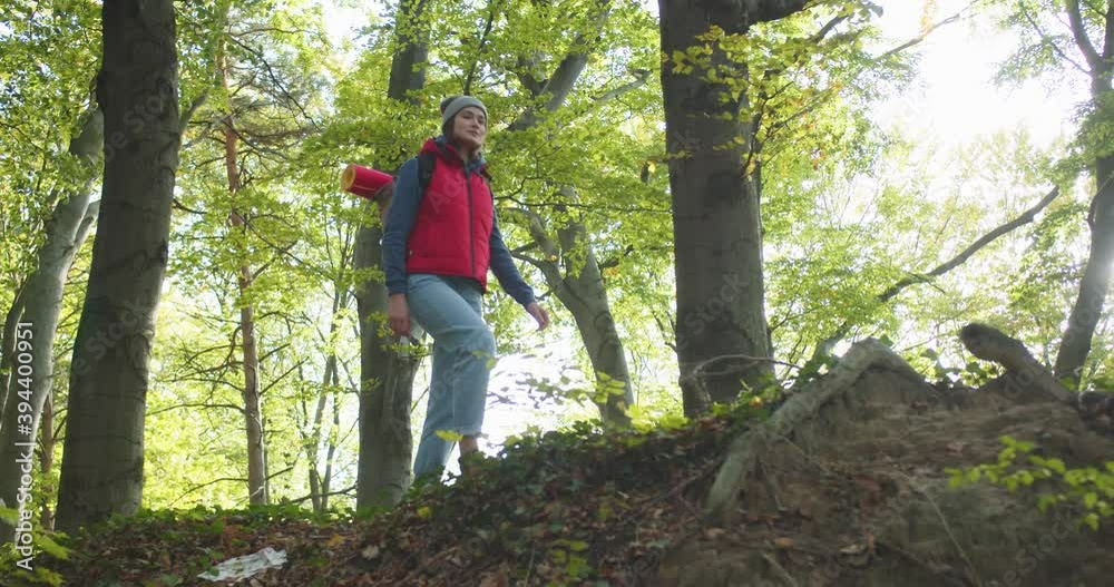 Middle plan of female tourist with backpack overcomes obstacle walking in forest and stop to relax. Woman tourist walking in fall woods on sunny autumn day. Concept of people traveling in nature. Middle plan of female tourist with backpack overcomes obstacle walking in forest and stop to relax. Woman tourist walking in fall woods on sunny autumn day. Concept of people traveling in nature.