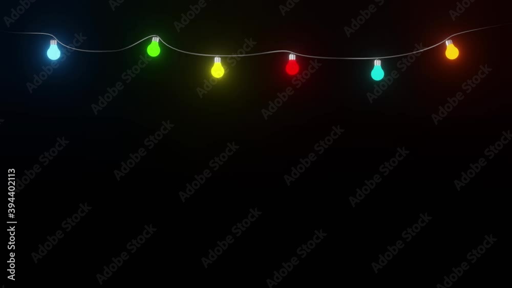 Colorful light string with flashing light bulbs. 3d rendering party, Christmas or new year background animation