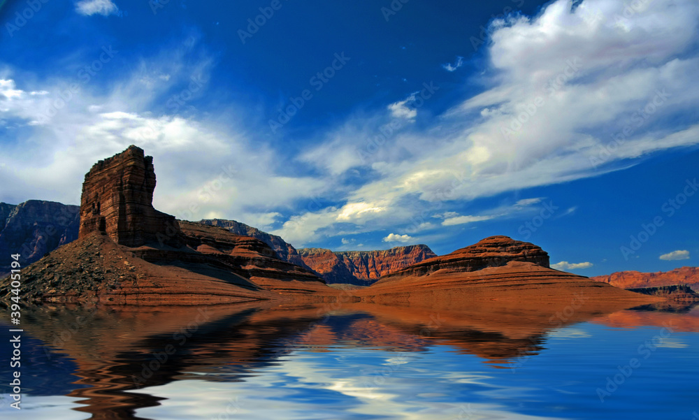Red rocks view. Desert Water. 3D rendering