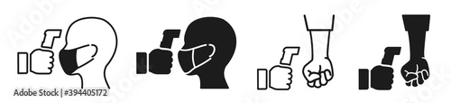 Set of checking human body temperature icon. Showing body temperature check sign during Covid-19 outbreak. Detection virus transmission. Use contactless infrared thermometer coronavirus outbreak line