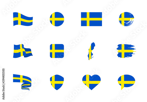 Sweden flag - flat collection. Flags of different shaped twelve flat icons.
