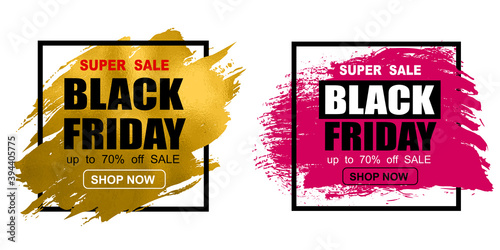 Black Friday sale promotional marketing banner / poster for decoration. Special offer with brush stroke backgrounds. Promo banner 70 off discount sale templates - stock vector