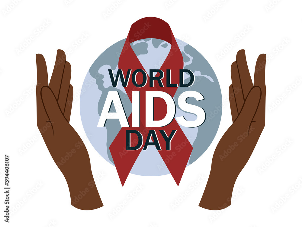World AIDS day. Hands hold our planet with red ribbon. Disease ...