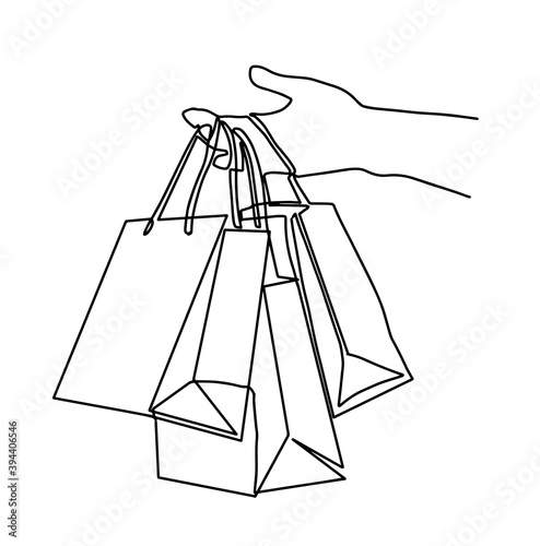 Concept of shopping. One line drawing isolated vector object, girl holding bag. Holiday shopping.One continuous line drawing female hand holding shopping bags isolated on white background