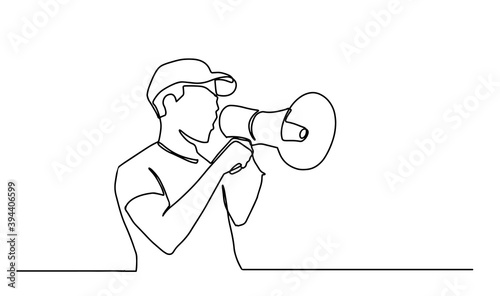 Continuous one line drawn a man talking into a loudspeaker. A male spoke excitedly while holding the megaphone. The concept of announcement, warning, oratory, eloquence, loud statement, publicity