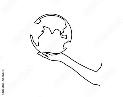 Continuous one line drawing. hands hold the globe. Continuous line drawing of human hand holding world planet earth. Continuous one line drawing. hand holding Earth globe. World in the palm of hand