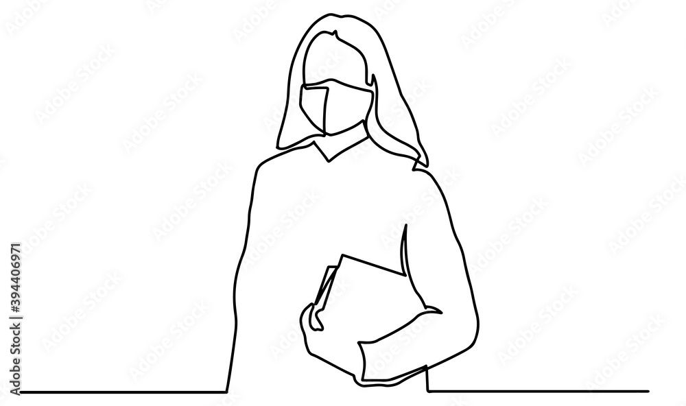 One single line drawing of young female bisinessman holding the file ...