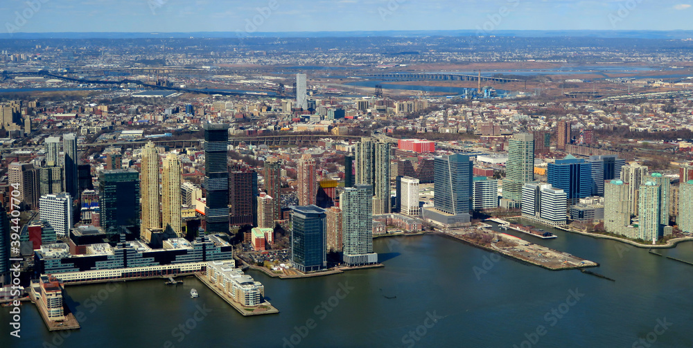 Naklejka premium Aerial view on Jersey City in New York. Jersey City is the second-most populous city in the U.S. state of New Jersey.