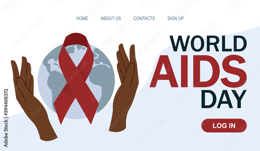 World AIDS day. Hands hold our planet with red ribbon. Disease ...