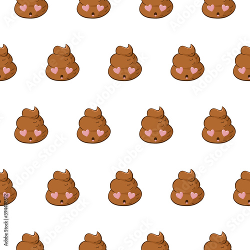 Funny seamless pattern with poop emoji in love for Valentines day joke. Background with kawaii poo with hearts in the eyes.