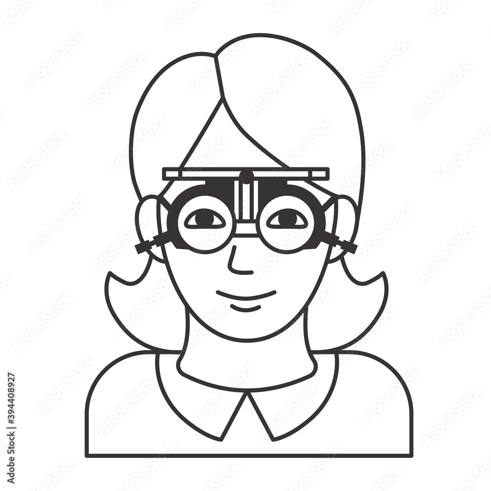 Woman vision checkup in ophthalmological clinic. Optometrist checking adult eyesight with spectacles medical equipment. Glasses lens selection. Outline illustration on white background