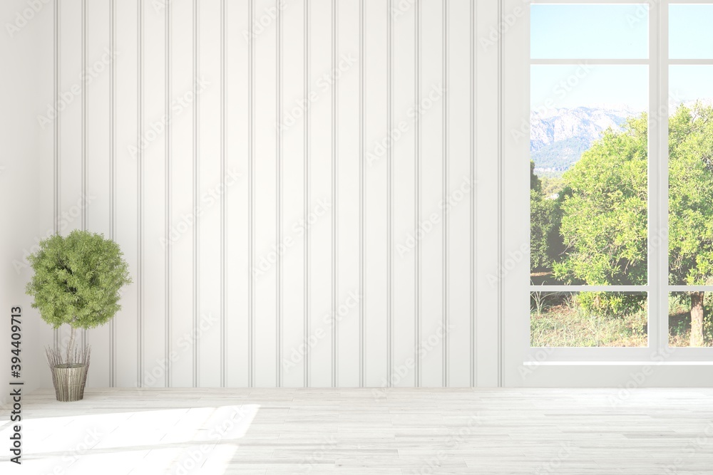 White empty room with summer landscape in window. Scandinavian interior design. 3D illustration White empty room with summer landscape in window. Scandinavian interior design. 3D illustration