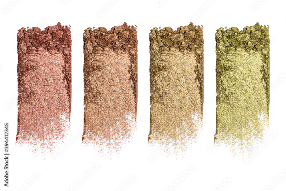 Set of eyeshadow sample isolated on white background. Crushed brown metallic eyeshadow. Closeup of a makeup product. - obrazy, fototapety, plakaty 