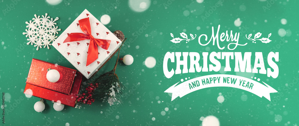 Christmas banner on a green background and with snow, layout or template for the site