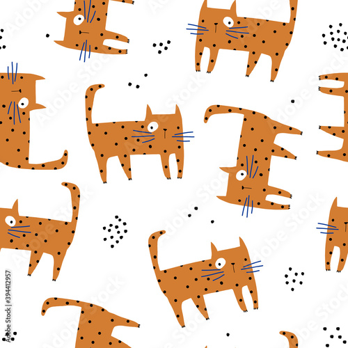 Seamless childish pattern with cute hand drawn cats. Creative kids hand drawn texture for fabric, wrapping, textile, wallpaper, apparel. Vector illustration