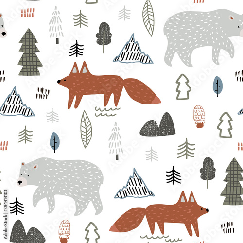 Seamless childish forest pattern with bear and fox. Perfect for fabric,textile. Creative Vector background